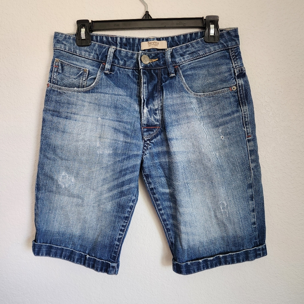 Bershka Blue Distressed Denim Jean Shorts